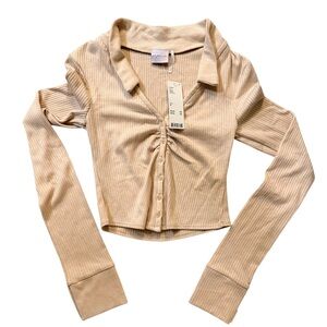 Urban Outfitters Beige Ribbed Button-Down Shirt